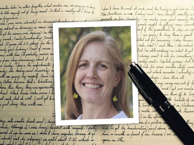 Essayist Mary Ellen Gabriel with art of handwriting and a pen.